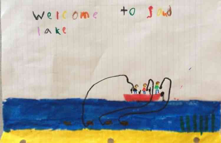A child's drawing of fishing from a boat